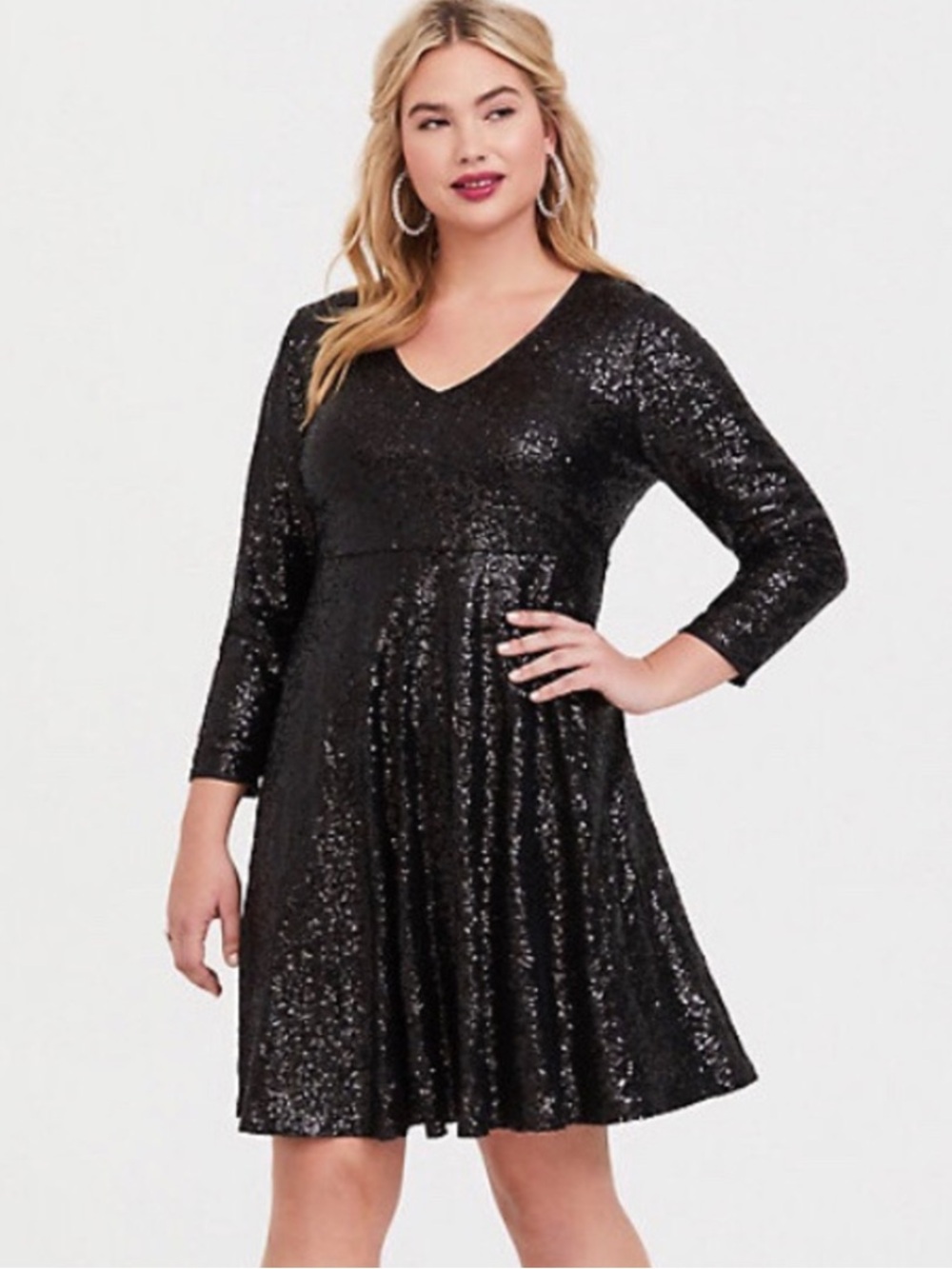Torrid Black Sequin Skater Dress V-Neck Keyhole Back 3/4 Sleeve Size 1 (1X)